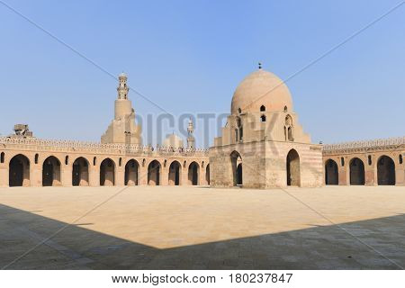 Ibn Tulun Mosque in Cairo, Egypt.  The Mosque is the oldest Mosque in the city and the mosque's original inscription slab identifies the date of completion as 265 AH or 879 AD.