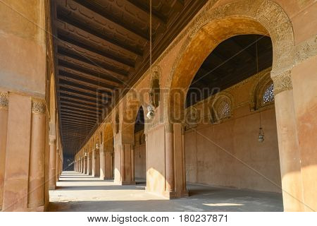 Ibn Tulun Mosque in Cairo, Egypt.  The Mosque is the oldest Mosque in the city and the mosque's original inscription slab identifies the date of completion as 265 AH or 879 AD.
