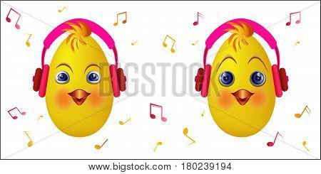Cute chick emoticons with black headphones. Chick emoticon listen music. Vector illustration.