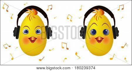 Cute chick emoticons with black headphones. Chick emoticon listen music. Vector illustration.