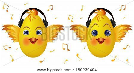 Cute chick emoticons with black headphones. Chick emoticon listen music. Vector illustration.