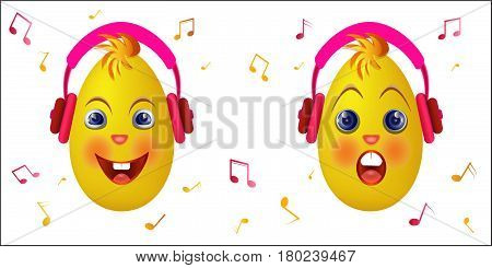 Cute chick emoticons with black headphones. Chick emoticon listen music. Vector illustration.