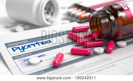 Handwritten Diagnosis Pyorrhea in the Medical History. Medicaments Composition of Blister of Red Pills, Blister of Pills and Bottle of Tablets. 3D Render.