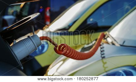 Power supply for electric car charging. City electric car charging station. Close-up.