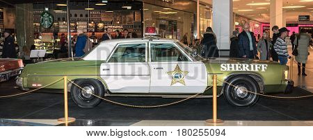 Moscow, Russia - April 02, 2017: Chrysler Newport, Usa, 1975. Retro Car Exibition In Shopping Mall M