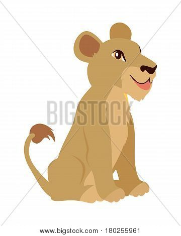 Cute lion cub cartoon character. Small lion baby flat vector isolated on white. African fauna. Smiling lion icon. Wild animal illustration for zoo ad, nature concept, children book illustrating