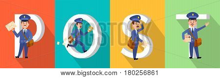 POST colourful poster with big white letters and mailman character set. Postman with envelopes, parcel hurrying and losing letters. Vertical vector pictures showing fast delivery by postmen