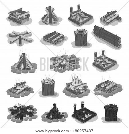 Firewood colorless set with burning and still logs put in shapes of square, round and roof. Vector poster in flat style of touristic campfire set isolated on white. Hot gathered burning wood pieces