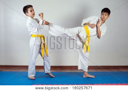 Two boys demonstrate martial arts working together. Fighting position active lifestyle practicing fighting techniques