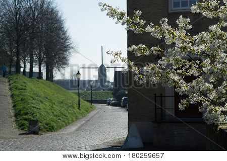 Sunday morning in Dutch village in spring season with wind mill and blossoming tree