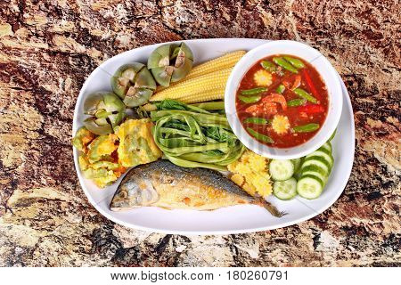 Spicy Shrimp Paste Dip ,nam Prik Kapi With Side Dish.