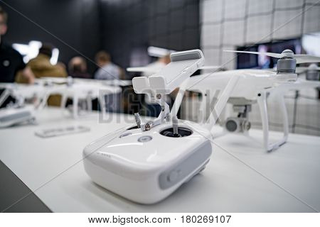 MOSCOW RUSSIA:01 APR 2017 - DJI Quadcopter Drone store opening ceremony in Moscow. DJI is the leading company in the civilian-drone industry. It manufactures also gimbals, cameras, camera stabilizers.