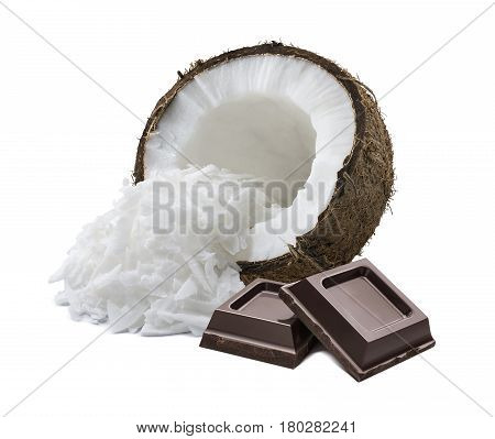 Coconut shredded chocolate squares isolated on white background as package design element