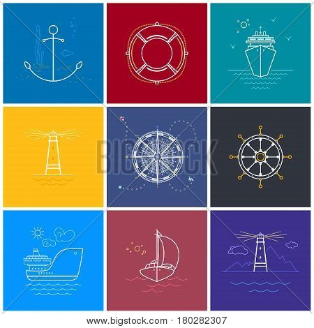 Ships and Compass Rose, Lighthouse and Marine Equipment ,Line Style Design, Marine Travel and Tourism ,Vector Illustration