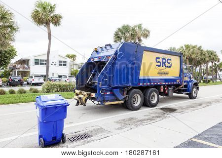 Hollywood Fl USA - March 14 2017: Garbage collection truck in Hollywood Beach. Florida United States