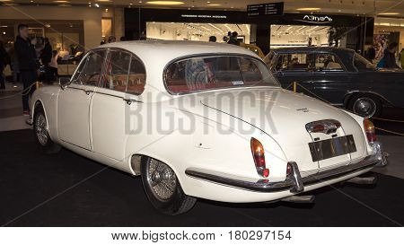 Moscow, Russia - April 02, 2017: White Jaguar S-type, 3,8 Litre, Great Britain 1965. Retro Car Exibi