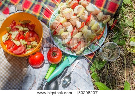 Outside Picnic Vegetables And Chicken