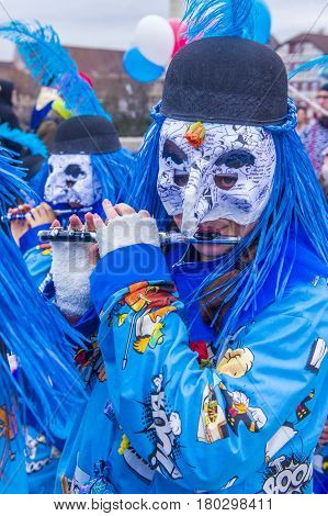 BASEL SWITZERLAND - MARCH 08 : Participants in the Basel Carnival in Basel Switzerland on March 08 2017. The Basel carnival has been listed as one of the top local festivities in Europe