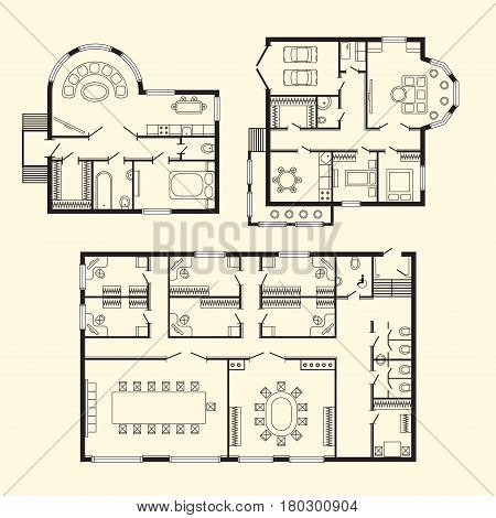 Modern office architectural plan interior furniture and construction design drawing project architect engineering sketch house vector illustration. Structure home technical reconstruction paper.