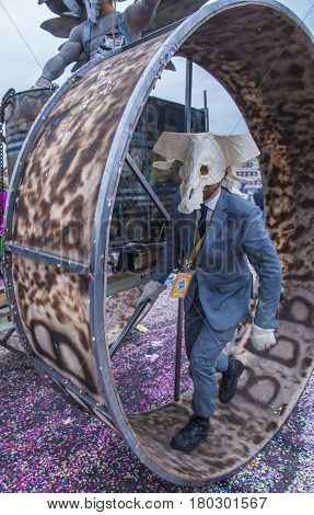 BASEL SWITZERLAND - MARCH 08 : Participants in the Basel Carnival in Basel Switzerland on March 08 2017. The Basel carnival has been listed as one of the top local festivities in Europe