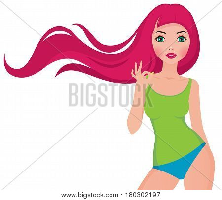 Beautiful girl with pink hair showing okay gesture vector illustration
