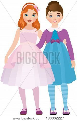 Girlfriend girls in beautiful dresses are hugging Stock vector illustration on a white background