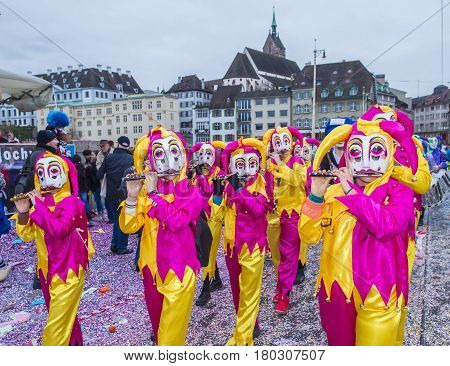 BASEL SWITZERLAND - MARCH 08 : Participants in the Basel Carnival in Basel Switzerland on March 08 2017. The Basel carnival has been listed as one of the top local festivities in Europe