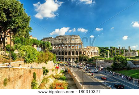 ROME - OCTOBER 4, 2012: Colosseum view. The Colosseum (Coliseum) is a major tourist attraction in Rome.