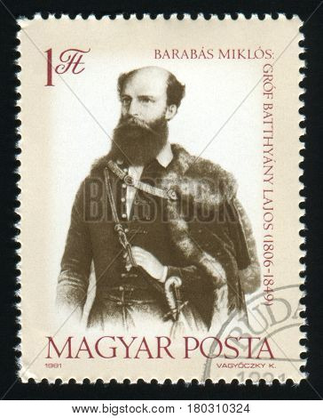 HUNGARY - CIRCA 1981: A post stamp printed in Hungary shows Count Lajos Batthyany, the First Prime Minister of Hungary, circa 1981