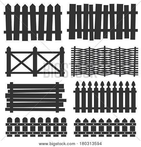 Country wooden fences, palisade vector. Black silhouette wood gate illustration