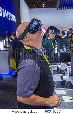 LAS VEGAS - JAN 08 : Virtual reality demonstration at The Samsung booth at the CES show held in Las Vegas on January 08 2017 CES is the world's leading consumer-electronics show.