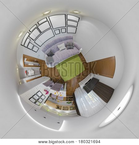 3d illustration spherical 360 degrees, seamless panorama of  living room and kitchen interior design. Modern studio apartment in the Scandinavian minimalist style. Tiny little planet interior