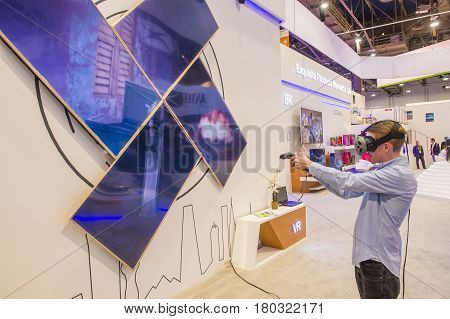 LAS VEGAS - JAN 08 : Virtual reality demonstration at The Vivitar booth at the CES show in Las Vegas on January 08 2017 CES is the world's leading consumer-electronics show.