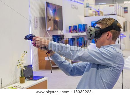 LAS VEGAS - JAN 08 : Virtual reality demonstration at The Vivitar booth at the CES show in Las Vegas on January 08 2017 CES is the world's leading consumer-electronics show.