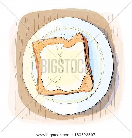 Color illustration of bread with butter on a plate