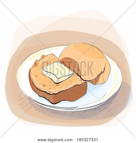 Color illustration of bread with butter on a plate