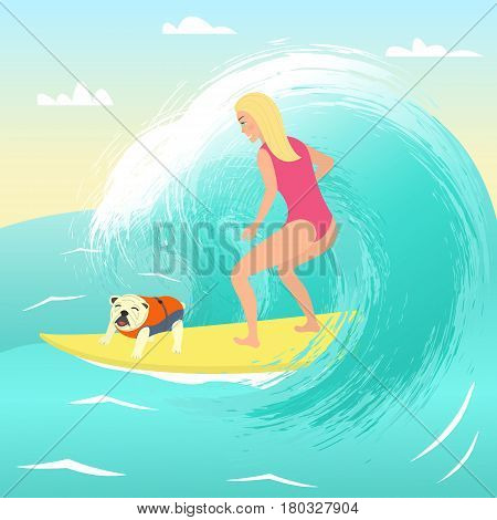 Girl on surfboard with dog. Vector illustration.