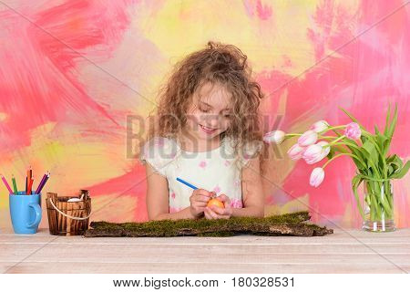Happy Girl Painter With Pencil, Easter Egg And Tulip Flowers