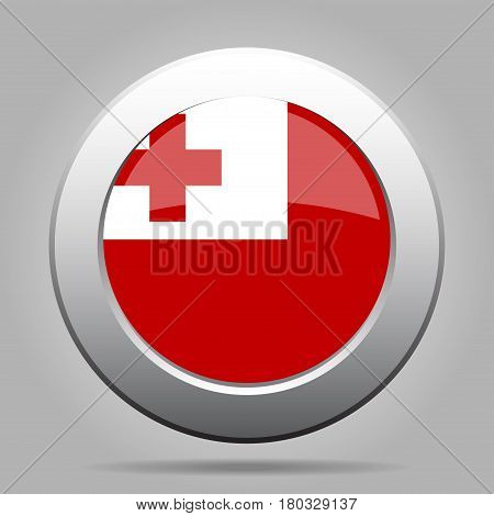 National flag of Tonga. Shiny metal gray round button with shadow.