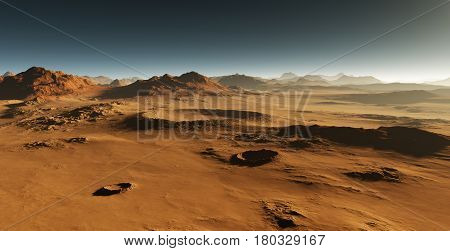 Dust on Mars. Sunset on Mars. Martian landscape with craters. 3D illustration
