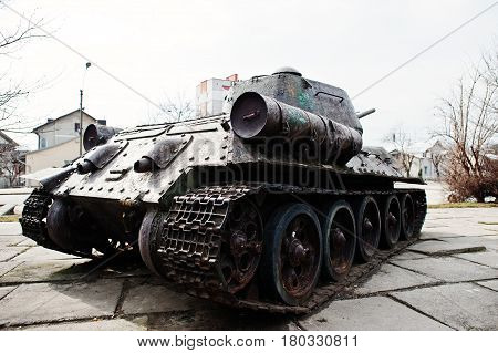 Old Vintage Military Tank In The City Pedestal.