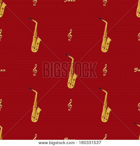 Seamless pattern with saxophones, treble clefs and word jazz. May be used for wrapping, book covers, envelope