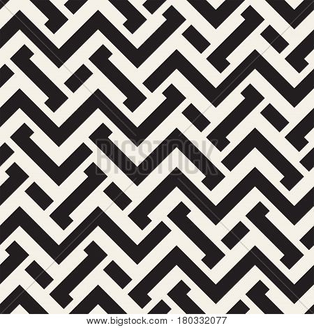 Interlacing Lines Maze Lattice. Ethnic Monochrome Texture. Abstract Geometric Background Design. Vector Seamless Black and White Pattern.