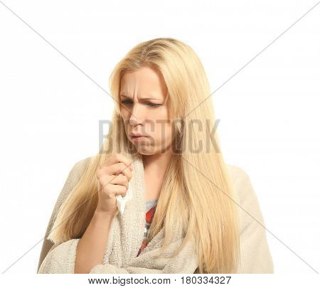 Young woman with allergy on white background