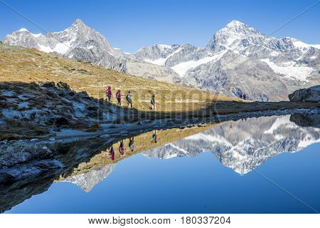 Mt Matterhorn reflected in Riffelsee Lake Zermatt Canton of Valais Switzerland