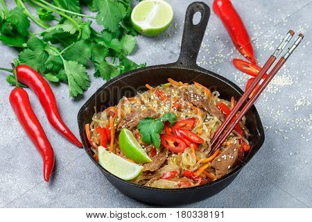 Starch (rice, Potatoes) Noodles With Beef And Vegetables - Bell Peppers, Carrots, Zucchini, Sesame S