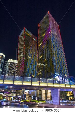 LAS VEGAS - NOV 24 : The tilted Veer Towers in Las Vegas on November 24 2016. Veer Towers are twin 37-story 480-foot residential towers located within CityCenter on the Las Vegas Strip