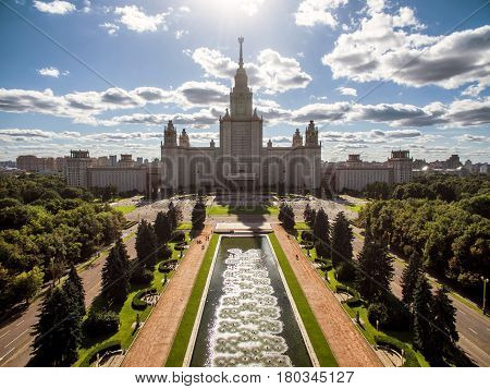 Aerial view of Lomonosov Moscow State University (MSU) on Sparrow Hills, Moscow, Russia