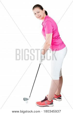 Woman Golfer In Full Length Plays Golf On A White Background