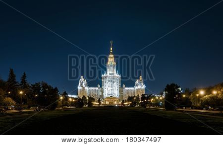 The Lomonosov Moscow State University (MSU) on Sparrow Hills at night, Moscow, Russia